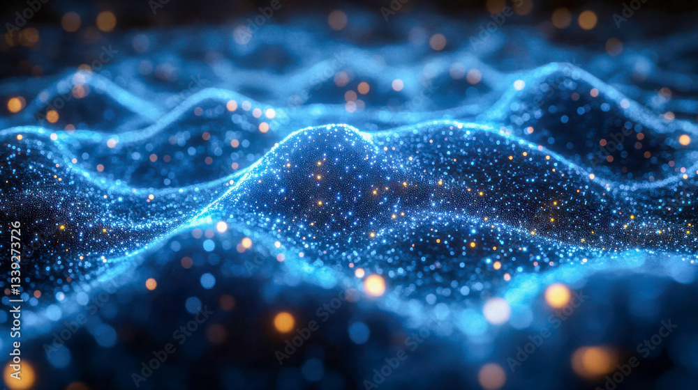 Poster a glowing blue digital landscape with a network of interconnected data points resembling an abstract