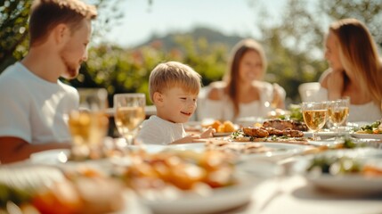 Family enjoying picnic, cheerful adults and child laughing over a spread of delicious food in a sunny outdoor setting
