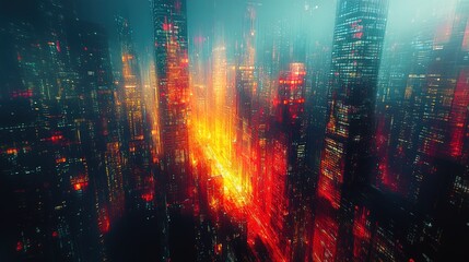 Fototapeta premium An abstract cityscape where glowing facades create a cascading effect of light 