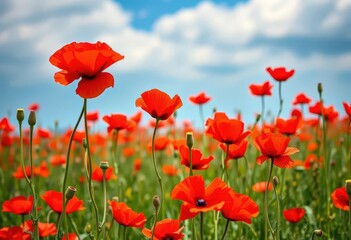 Vast summer poppy field panorama, vibrant red flowers swaying gently in breeze, blossom, plants