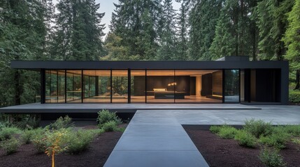 Fototapeta premium Modern glass house, forest setting, paved walkway.
