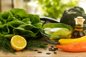 Vegetables from the garden. Ingathering. Making salad at home in the kitchen