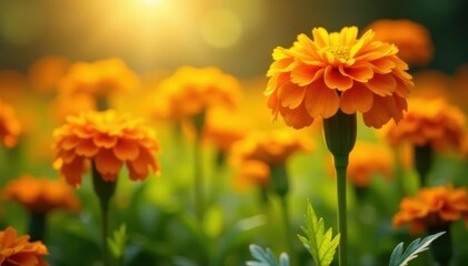 Fototapeta premium Vibrant orange marigolds dance in sunlight, petals soft , field, petal