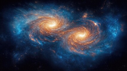 Naklejka premium Captivating Spiral Galaxies Intertwining in a Stellar Cosmic Dance Displaying Bright Blues and Golds