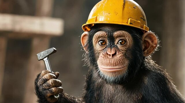 Cartoon monkey wearing a yellow safety helmet holding a wrench in a construction or workshop setting, portraying humor and creativity in hard work