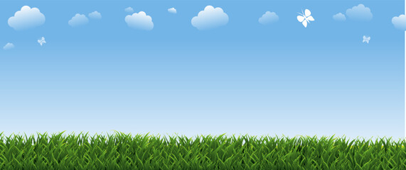 Fototapeta premium Spring Poster With Green Grass And Sky