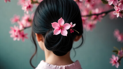 Naklejka premium Sakura flower-shaped hairpin adorns a hair bun of Japanese girl in kimono back view. Elegant modest traditional womens hairstyle. Blooming pink cherries. A feminine stylish hair accessory. Springtime