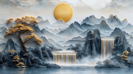 Japanese landscape with golden sun and waterfalls