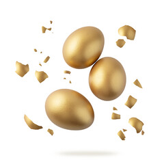 Three whole golden color natural chicken eggs with shell pieces falling flying isolated on white background. Happy easter decoration.