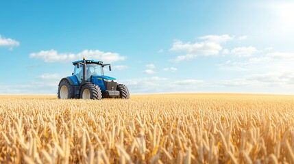 Obraz premium Tractor in golden wheat field, agricultural machinery under blue sky, harvesting theme, spacious layout for text.
