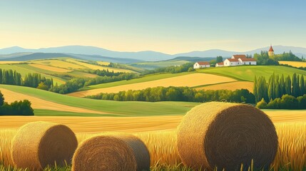 Beautiful countryside landscape with hay bales and distant hills during sunset