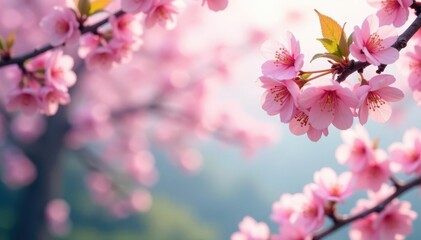 Delicate pink cherry blossoms frame a spring scene , floral art, pink