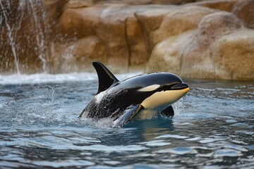 Obraz premium Baby Orca in Beautiful Ocean. Scenic Coastal View of Majestic Marine Mammal