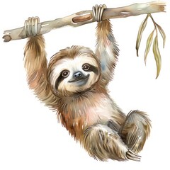 adorable baby sloth hanging in a tree, watercolor illustration for kids
