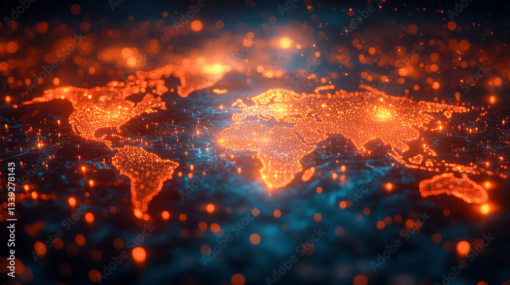 Poster a world map represented by illuminated digital dots, visualizing global networks and data connectivi