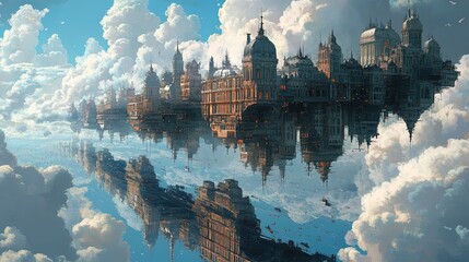 Fototapeta premium A surreal city with inverted facades reflecting a dreamlike fantasy sky 