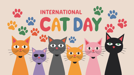 International Cat Day Celebration with Colorful Cats & Paw Prints