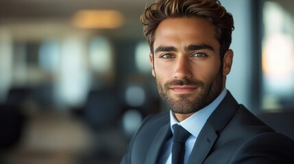 Fototapeta premium Professional man in formal attire poses confidently in a modern office environment during daylight hours