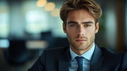 Naklejka premium Young businessman in a suit poses confidently in a modern office environment during daylight hours