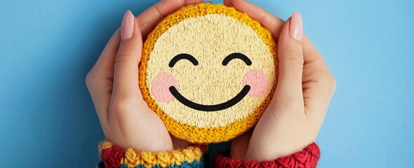 An image of a hand clutching blue paper with a cut-out of a smiling face represents positive thinking and mental health evaluation on World Mental Health Day