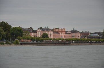 Houses on water on Rhine river in Wiesbaden