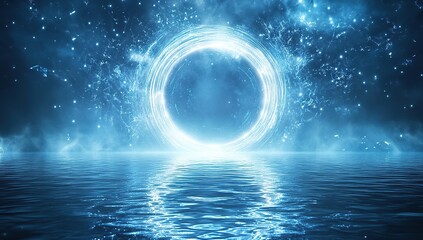 Obraz premium Blue background with a glowing white circle and light effect on the water surface
