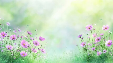 Vivid pink flowers flourishing in a lush green meadow, captivating spring landscape