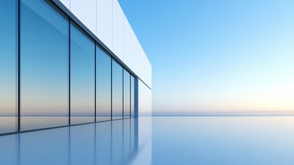 Modern architecture with glass facade, sleek lines reflecting blue sky, calm and serene atmosphere ideal for relaxation.