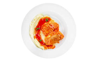Fish dish tomato sauce and mashed potatoe tasty fresh gourmet food background table rustic food top view copy space