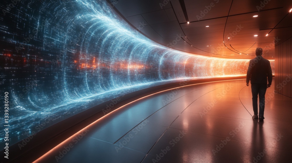 Aufkleber A person stands in a futuristic corridor filled with vibrant blue and orange lights, representing concepts of quantum computing and neural networks, emphasizing innovation and exploration.
