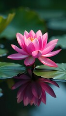 Vibrant pink water lily, serene pond reflection, peace, stock, natural