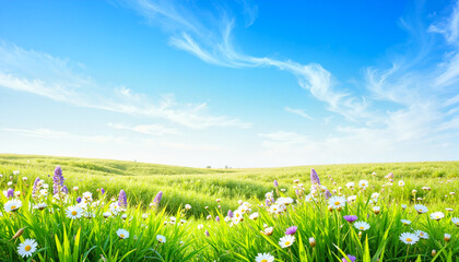 Fototapeta premium Vibrant blossoming field under bright blue sky, natural beauty