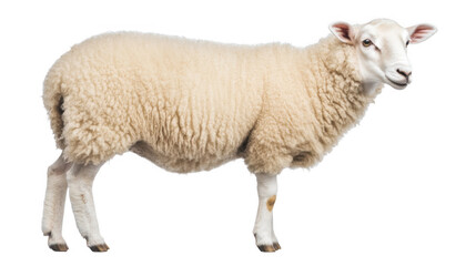 A fluffy white sheep stands proudly, showcasing its soft wool and gentle expression, isolated on a transparent background.