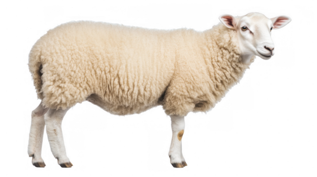 A fluffy white sheep stands proudly, showcasing its soft wool and gentle expression, isolated on a transparent background.