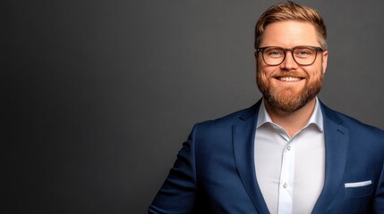 Confident businessman smiling in a professional suit against a dark background, exuding positivity