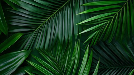 Lush green palm leaves, vibrant tropical foliage creating a serene natural backdrop, perfect for design or wellness themes.