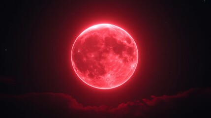 Fototapeta premium Bright red moon glowing in night sky, large celestial body illuminating dark clouds, atmospheric and mystical vibe.