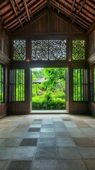 Naklejka premium Wooden pavilion, open doors, garden view, intricate lattice.