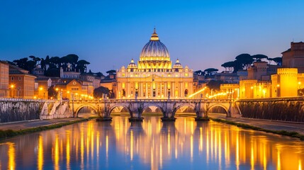 Fototapeta premium Scenic riverside view, illuminated historic building reflecting on water at dusk, tranquil atmosphere, perfect for relaxation.