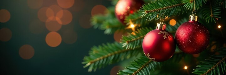 Elegant red and gold glass baubles on a Christmas tree branch , decoration, natural, christmas