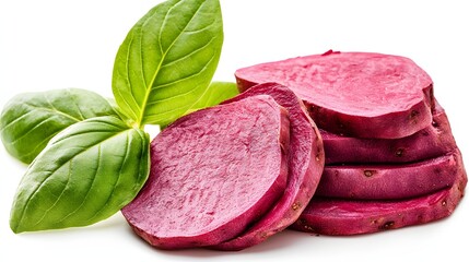Fresh Purple Sweet Potato Slices with Green Basil Leaves Isolated on White Background