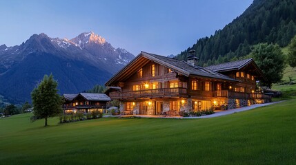Fototapeta premium Cozy mountain lodge illuminated at twilight, rustic wooden architecture, serene nature backdrop, inviting atmosphere for getaway.