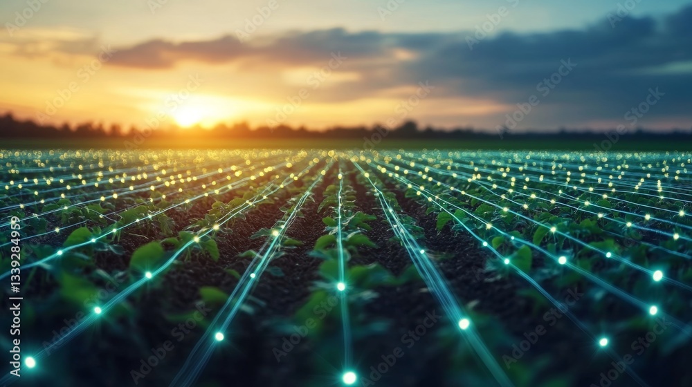 Poster rows of crops stretch across the vast fields, enhanced by glowing lines of technology that highlight