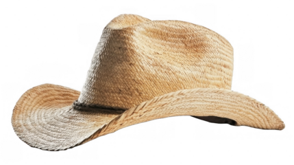 A stylish straw cowboy hat with a wide brim, isolated on a transparent background, perfect for summer vibes.