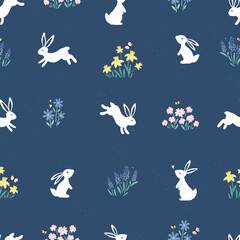 Cute hand drawn Easter seamless pattern with bunnies, flowers, easter eggs, beautiful background, great for Easter Cards, banner, textiles, wallpapers - vector design