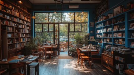 Bookstore interior with cafe tables, outdoor patio view