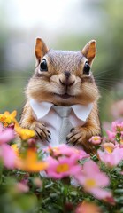 Obraz premium Squirrel Dressed in Formal Attire Surrounded by Colorful Flowers