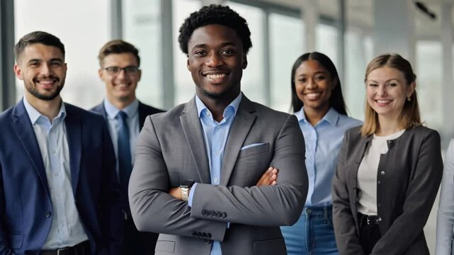 A cheerful black businessman stand in front of a diverse young team. Concept of diversity and teamwork.
