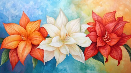 Obraz premium Exquisite floral arrangement, three white and red flowers on a striking blue background