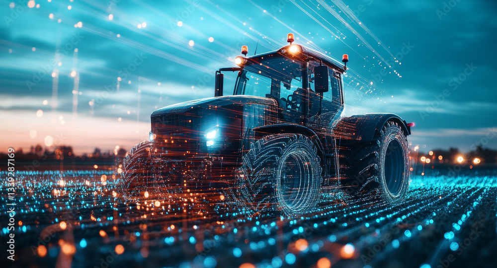 Poster a modern tractor operates in vibrant, illuminated fields as the sun sets on the horizon.